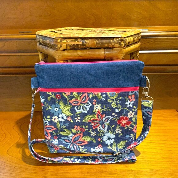 Handmade Denim and Cotton Floral Crossbody Bag with Lining and Zippered Closure - Picture 1 of 8